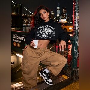 Obey Cropped Hoodie Black Graphic Drawstring Streetwear Cutoff